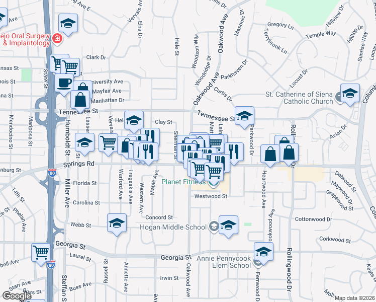 map of restaurants, bars, coffee shops, grocery stores, and more near 1123 Oakwood Avenue in Vallejo