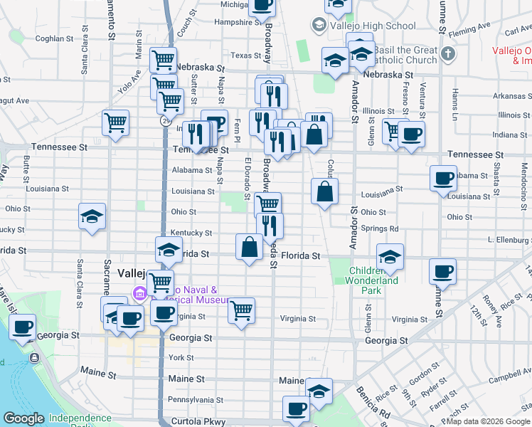 map of restaurants, bars, coffee shops, grocery stores, and more near Broadway Street & Ohio Street in Vallejo