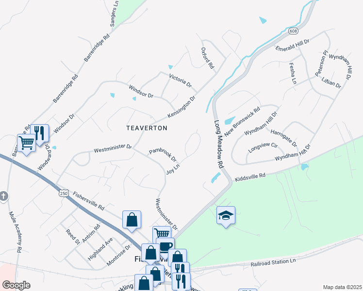 map of restaurants, bars, coffee shops, grocery stores, and more near 42 Pambrook Drive in Fishersville
