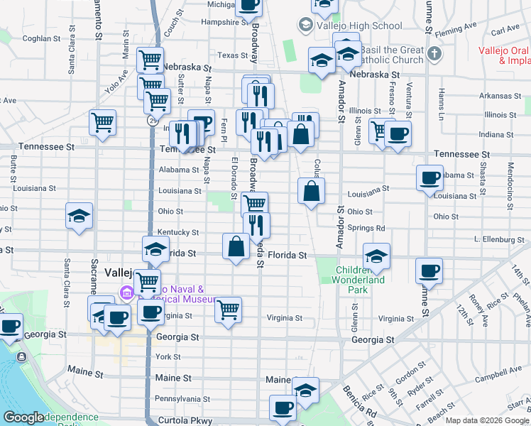 map of restaurants, bars, coffee shops, grocery stores, and more near Ohio Street in Vallejo
