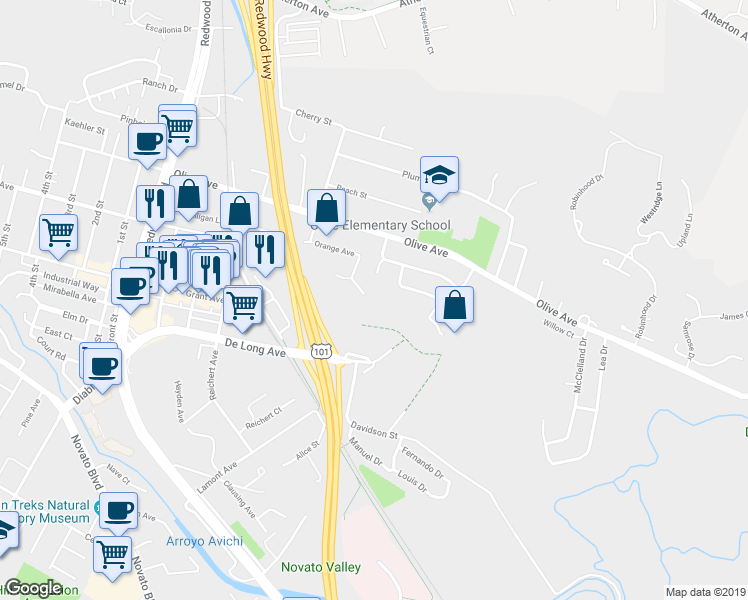 map of restaurants, bars, coffee shops, grocery stores, and more near 14 Oak Park Drive in Novato