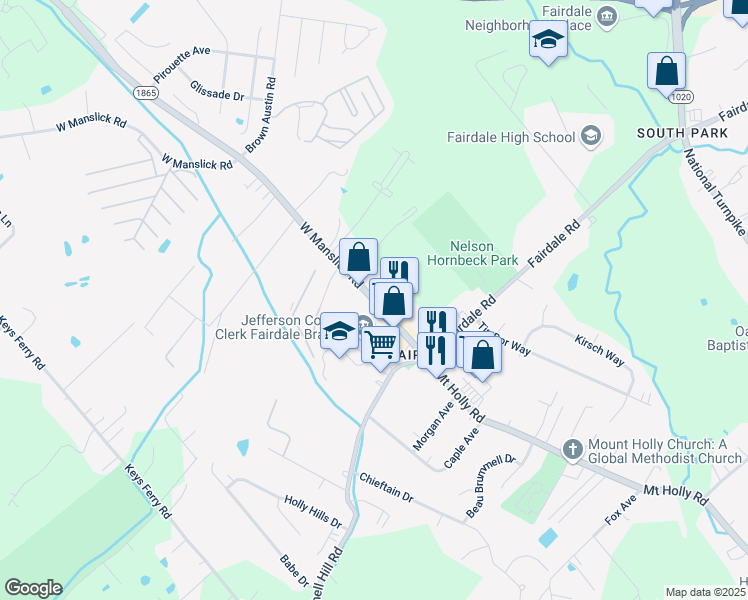 map of restaurants, bars, coffee shops, grocery stores, and more near 10620 West Manslick Road in Louisville
