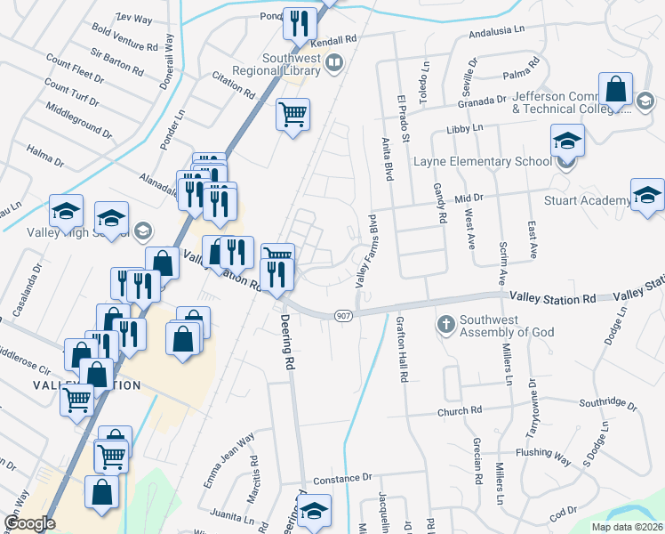 map of restaurants, bars, coffee shops, grocery stores, and more near Renaissance Valley Way in Louisville