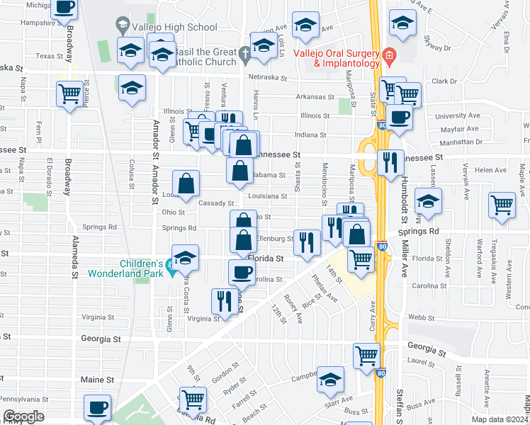 map of restaurants, bars, coffee shops, grocery stores, and more near 1640 Ohio Street in Vallejo