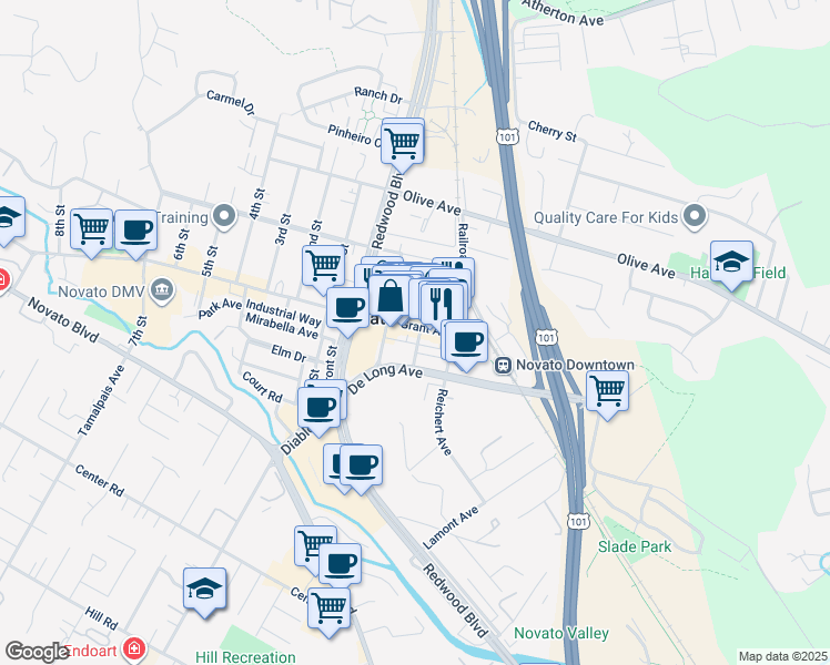 map of restaurants, bars, coffee shops, grocery stores, and more near 866 Grant Avenue in Novato
