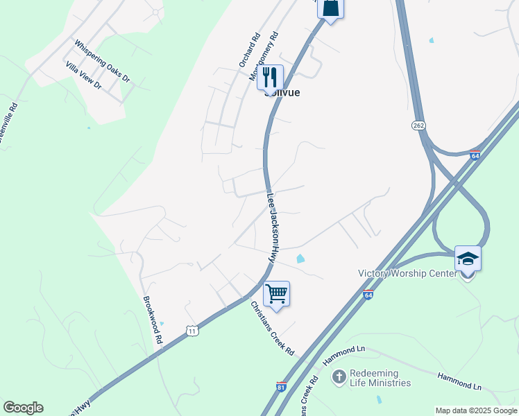 map of restaurants, bars, coffee shops, grocery stores, and more near 31 Hilltop Terrace Road in Staunton