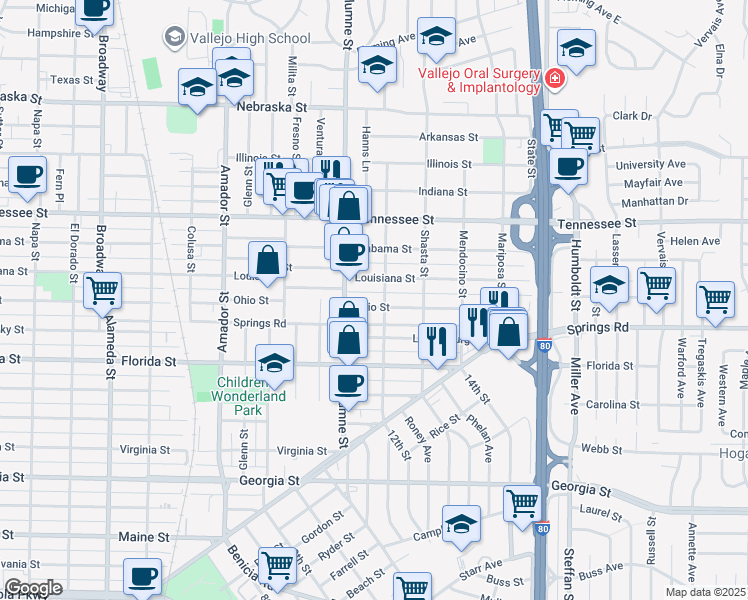 map of restaurants, bars, coffee shops, grocery stores, and more near 1636 Ohio Street in Vallejo
