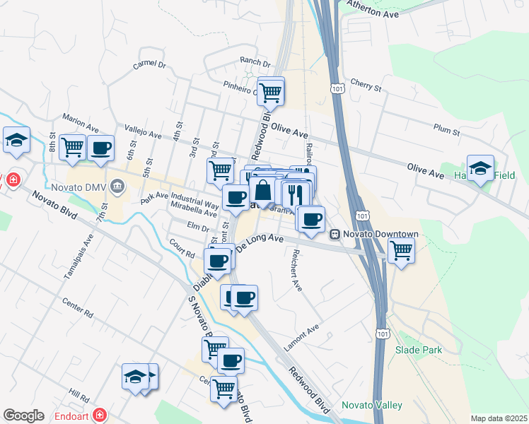 map of restaurants, bars, coffee shops, grocery stores, and more near 866 Grant Avenue in Novato