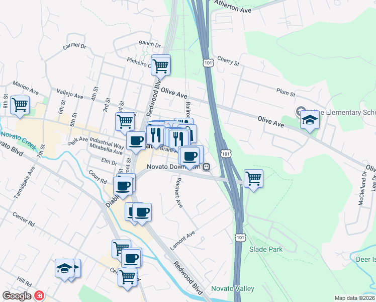 map of restaurants, bars, coffee shops, grocery stores, and more near 811 Grant Avenue in Novato