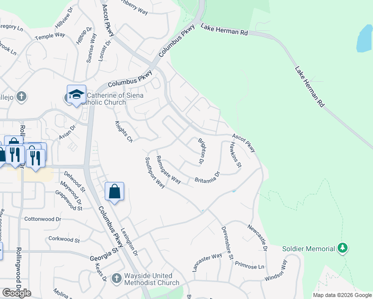 map of restaurants, bars, coffee shops, grocery stores, and more near 17 Brighton Drive in Vallejo