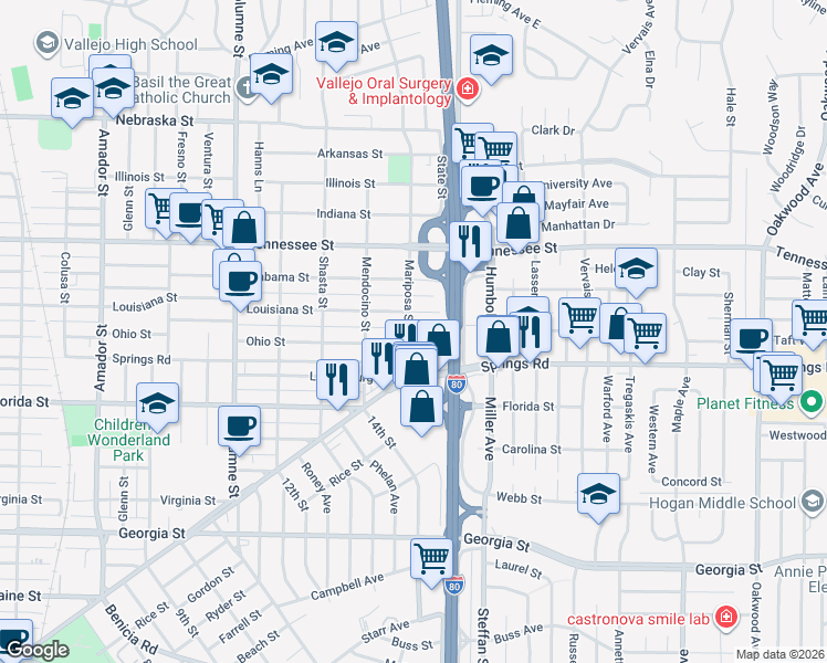 map of restaurants, bars, coffee shops, grocery stores, and more near 1927 Louisiana Street in Vallejo