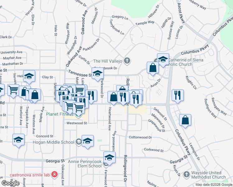 map of restaurants, bars, coffee shops, grocery stores, and more near 2500 Springs Road in Vallejo