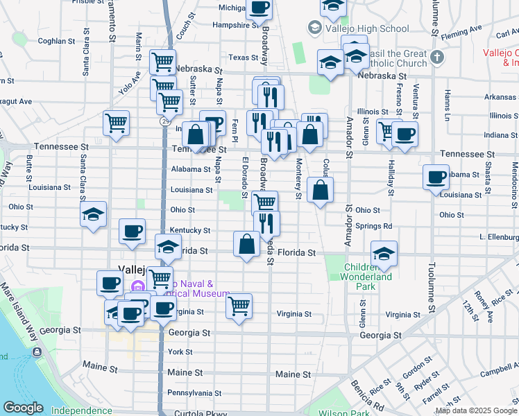 map of restaurants, bars, coffee shops, grocery stores, and more near 114 Broadway in Vallejo