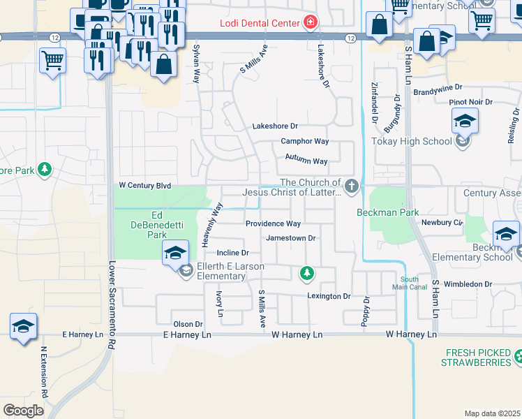 map of restaurants, bars, coffee shops, grocery stores, and more near South Mills Avenue & Norfolk Drive in Lodi