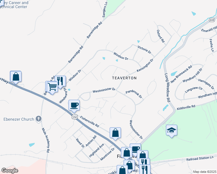 map of restaurants, bars, coffee shops, grocery stores, and more near 168 Westminister Drive in Fishersville