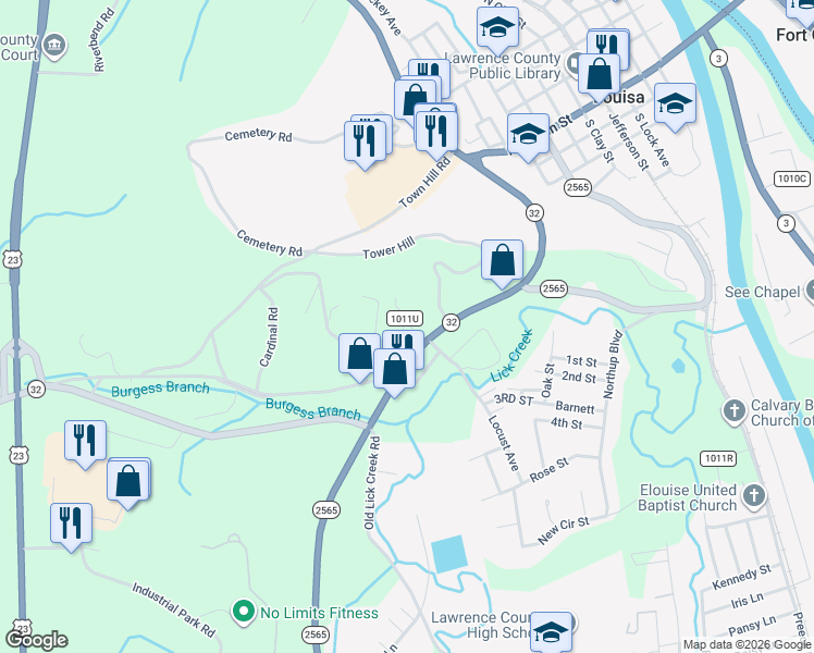 map of restaurants, bars, coffee shops, grocery stores, and more near Fort Bishop Road in Louisa