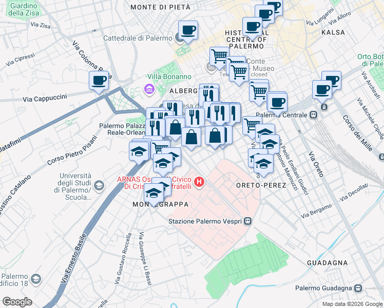 map of restaurants, bars, coffee shops, grocery stores, and more near in Palermo