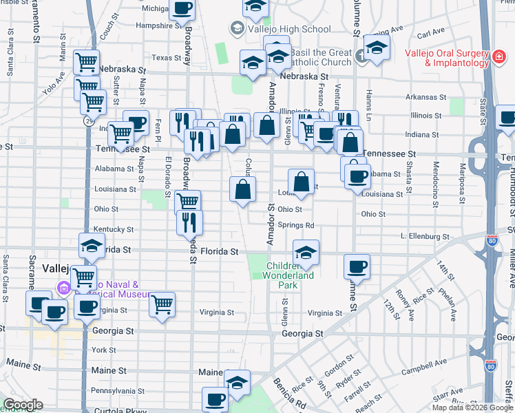 map of restaurants, bars, coffee shops, grocery stores, and more near 1314 Ohio Street in Vallejo