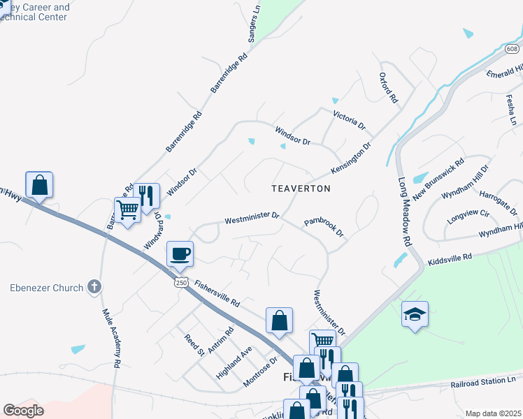 map of restaurants, bars, coffee shops, grocery stores, and more near 168 Westminister Drive in Fishersville
