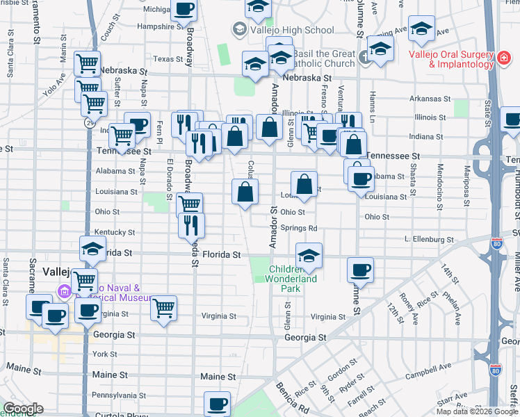 map of restaurants, bars, coffee shops, grocery stores, and more near 1314 Ohio Street in Vallejo
