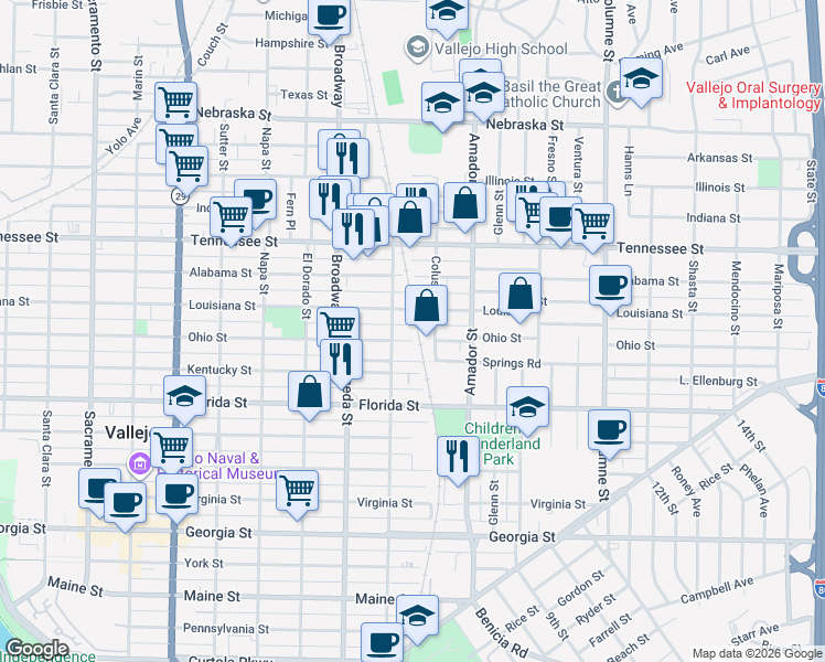 map of restaurants, bars, coffee shops, grocery stores, and more near 1231 Louisiana Street in Vallejo