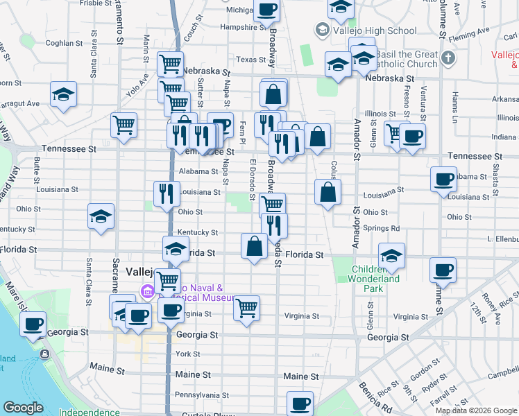 map of restaurants, bars, coffee shops, grocery stores, and more near 1218 El Dorado Street in Vallejo
