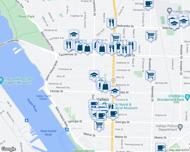 map of restaurants, bars, coffee shops, grocery stores, and more near 516 Overland Al in Vallejo