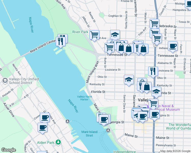 map of restaurants, bars, coffee shops, grocery stores, and more near 403 Trinity Street in Vallejo
