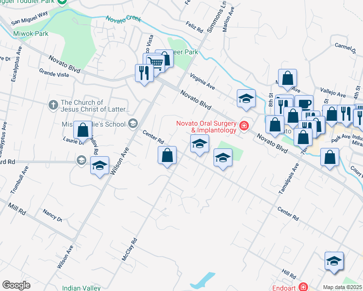 map of restaurants, bars, coffee shops, grocery stores, and more near 2 Colleen Court in Novato