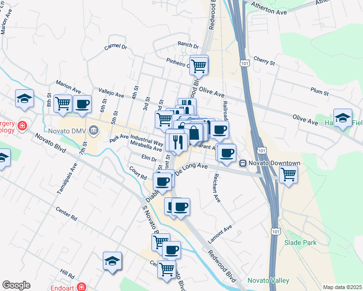 map of restaurants, bars, coffee shops, grocery stores, and more near in Novato