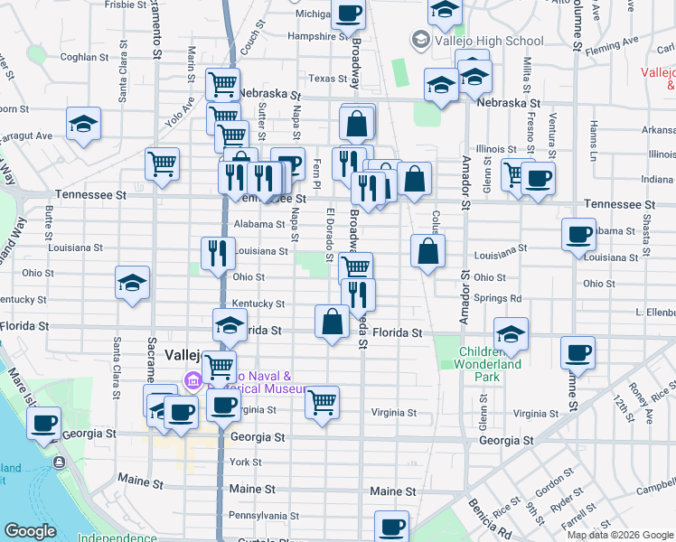 map of restaurants, bars, coffee shops, grocery stores, and more near 1218 El Dorado Street in Vallejo