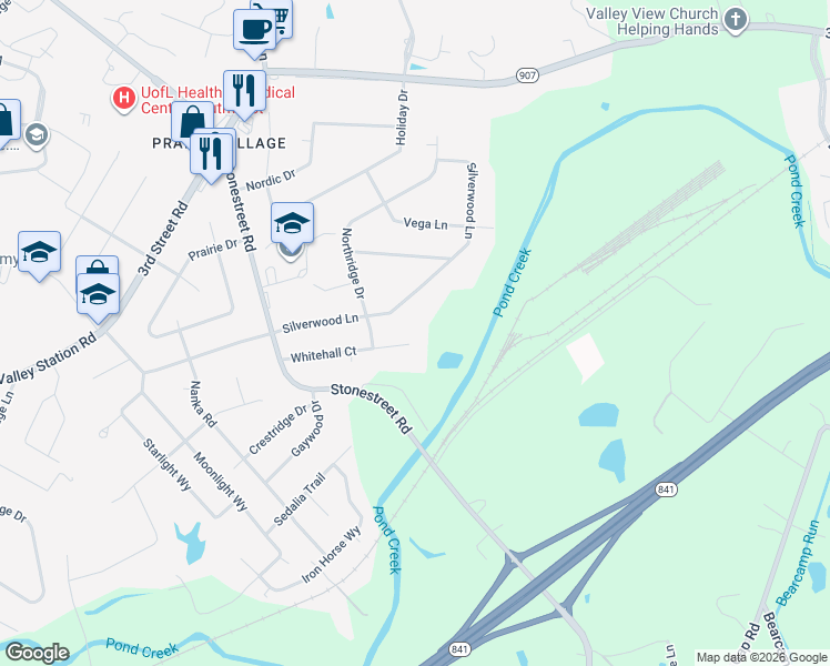 map of restaurants, bars, coffee shops, grocery stores, and more near 9925 Silverwood Lane in Louisville