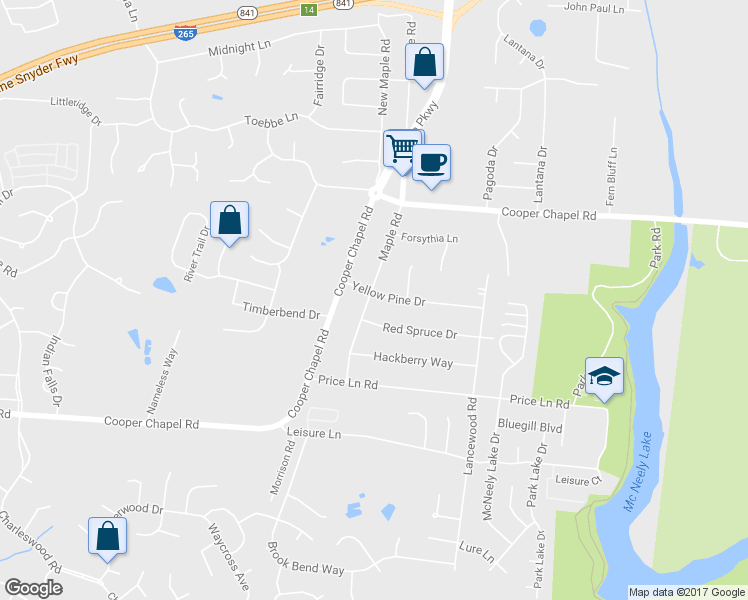 map of restaurants, bars, coffee shops, grocery stores, and more near 9601 Maple Road in Louisville