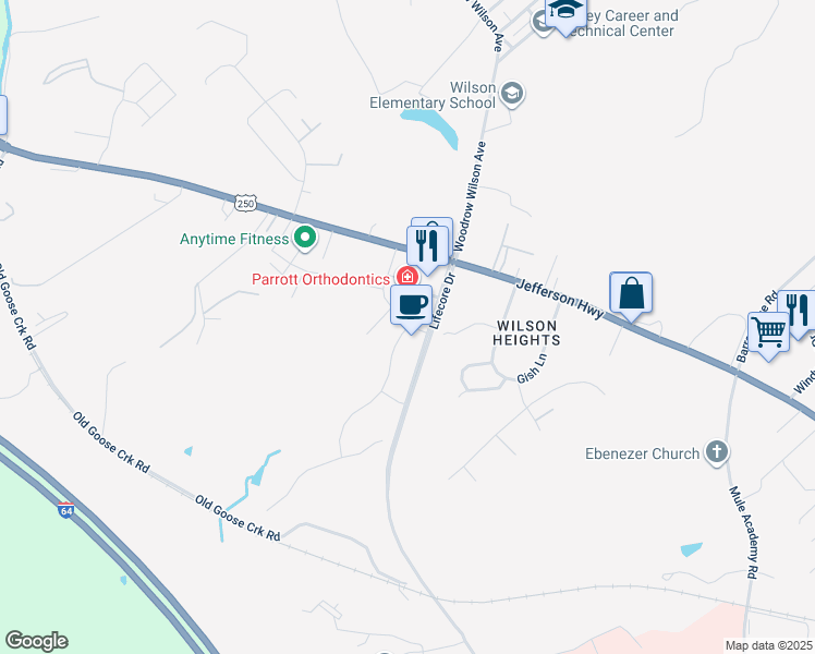 map of restaurants, bars, coffee shops, grocery stores, and more near 2 Old Oaks Drive in Staunton