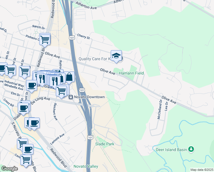 map of restaurants, bars, coffee shops, grocery stores, and more near 12 Lawrence Drive in Novato