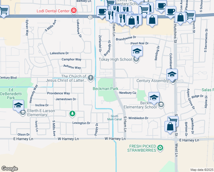 map of restaurants, bars, coffee shops, grocery stores, and more near 1426 West Century Boulevard in Lodi