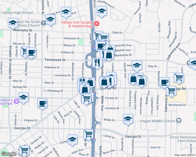 map of restaurants, bars, coffee shops, grocery stores, and more near 1308 Lincoln Road East in Vallejo