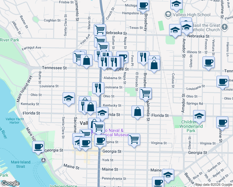 map of restaurants, bars, coffee shops, grocery stores, and more near 1422 Sutter Street in Vallejo