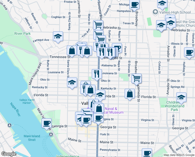 map of restaurants, bars, coffee shops, grocery stores, and more near 2314 Sonoma Boulevard in Vallejo