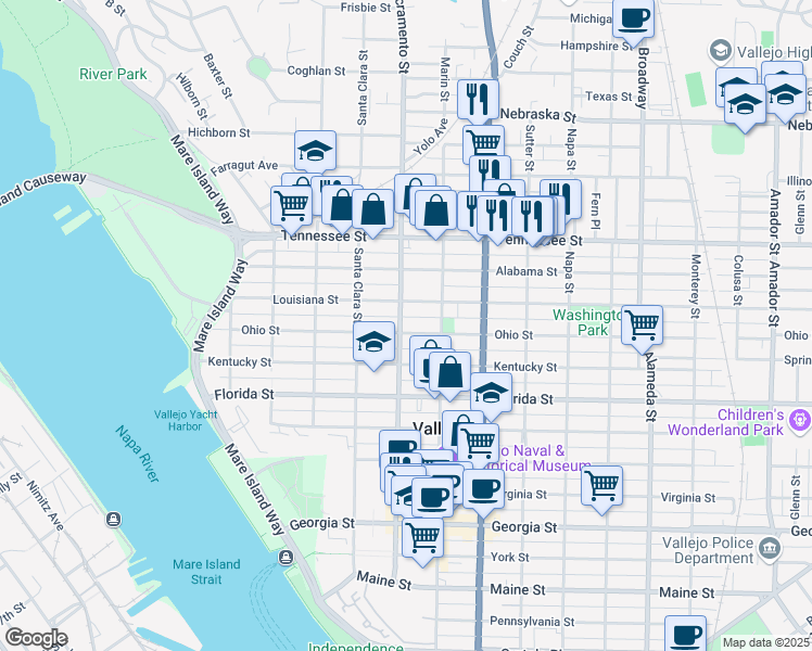 map of restaurants, bars, coffee shops, grocery stores, and more near 516 Overland Al in Vallejo