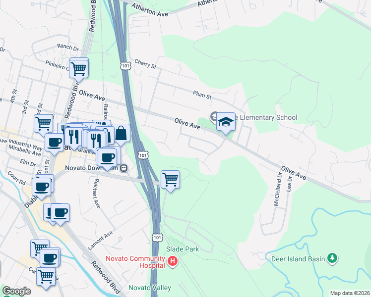 map of restaurants, bars, coffee shops, grocery stores, and more near 12 Lawrence Drive in Novato