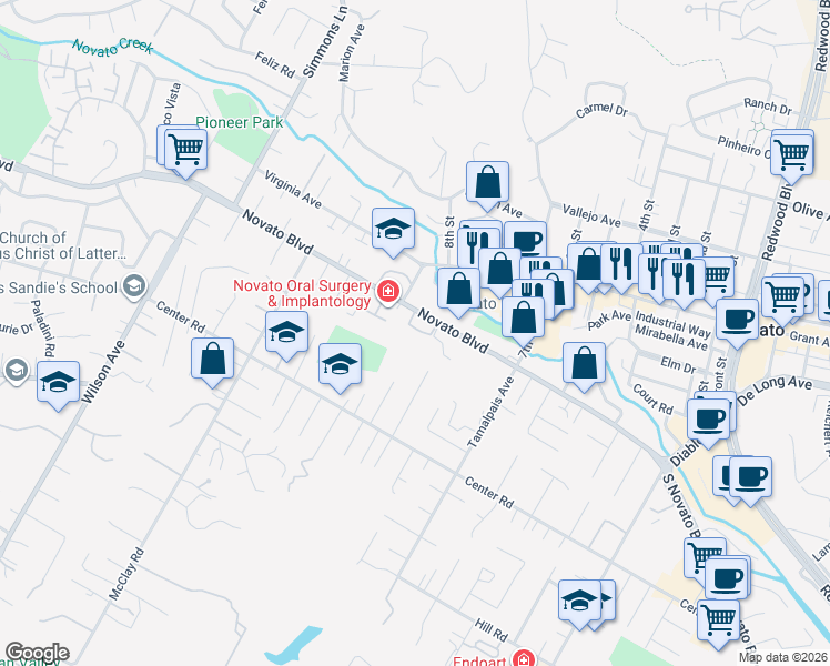 map of restaurants, bars, coffee shops, grocery stores, and more near 1755 Novato Boulevard in Novato