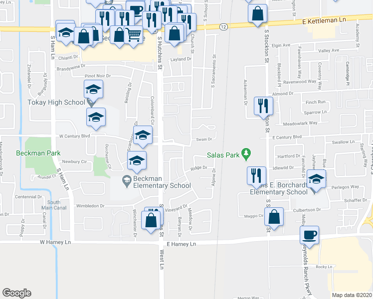 map of restaurants, bars, coffee shops, grocery stores, and more near 210 West Century Boulevard in Lodi
