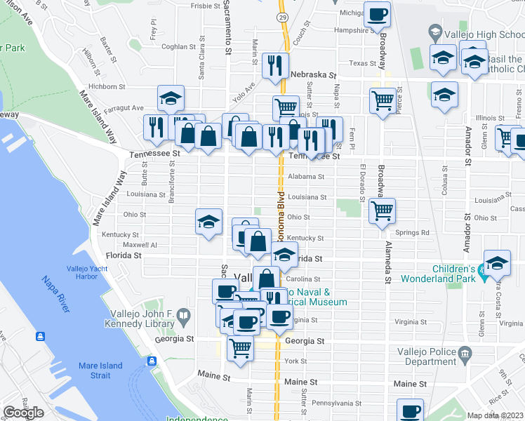 map of restaurants, bars, coffee shops, grocery stores, and more near 614 Ohio Street in Vallejo