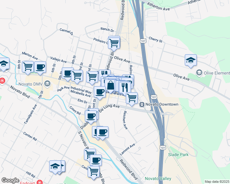 map of restaurants, bars, coffee shops, grocery stores, and more near 866 Grant Avenue in Novato