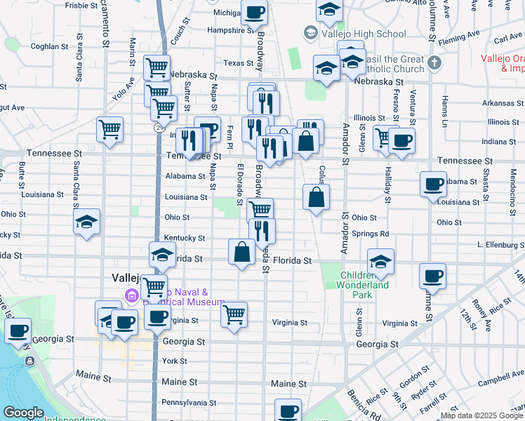 map of restaurants, bars, coffee shops, grocery stores, and more near 114 Broadway in Vallejo