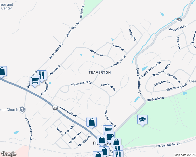 map of restaurants, bars, coffee shops, grocery stores, and more near 25 Kensington Drive in Fishersville