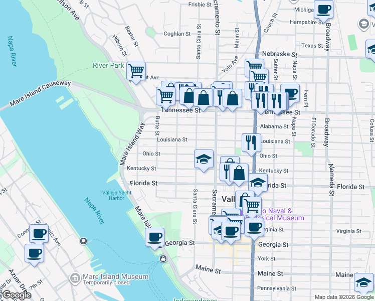 map of restaurants, bars, coffee shops, grocery stores, and more near 324 Ohio Street in Vallejo
