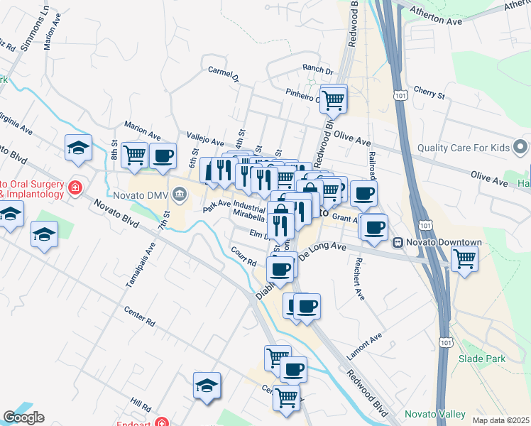 map of restaurants, bars, coffee shops, grocery stores, and more near 1120 Industrial Way in Novato