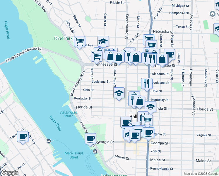 map of restaurants, bars, coffee shops, grocery stores, and more near 324 Ohio Street in Vallejo